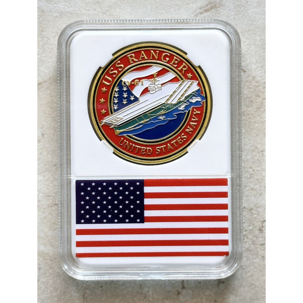US NAVY - USS RANGER CV-61 Challenge Coin With American Flag Case
