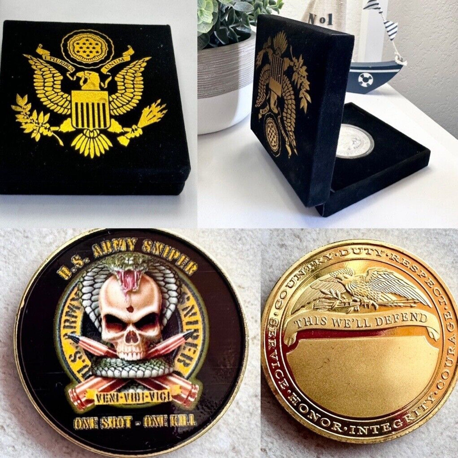 UNITED STATES ARMY Sniper Challenge Coin "One Shot One Kill" with velvet case