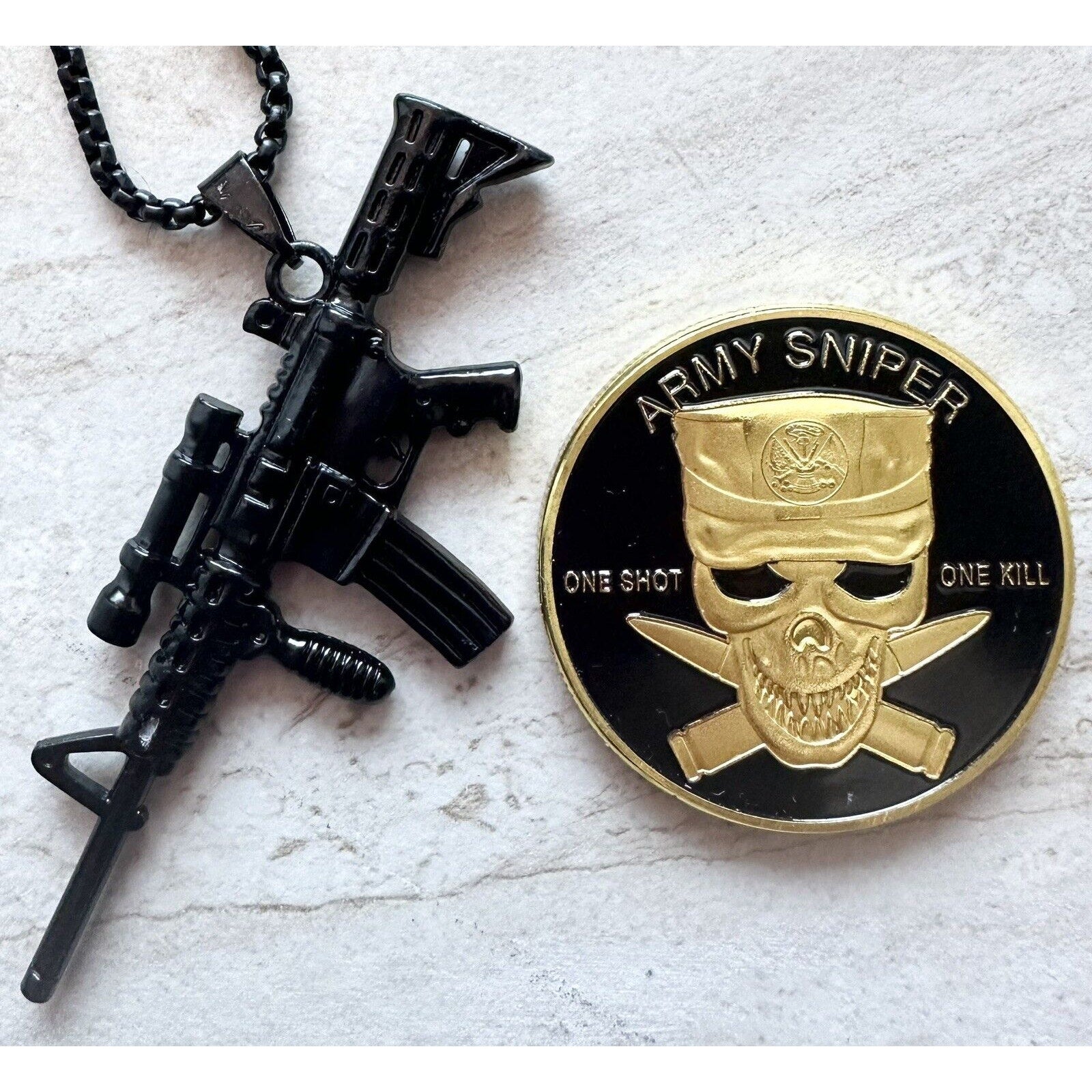 2 pcs U S ARMY SNIPER "ONE SHOT ONE KILL" Challenge Coin & men necklace