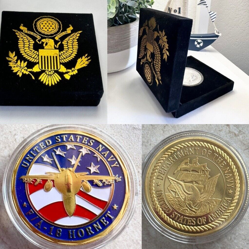 U S NAVY F/A 18 HORNET Challenge Coin with special velvet case