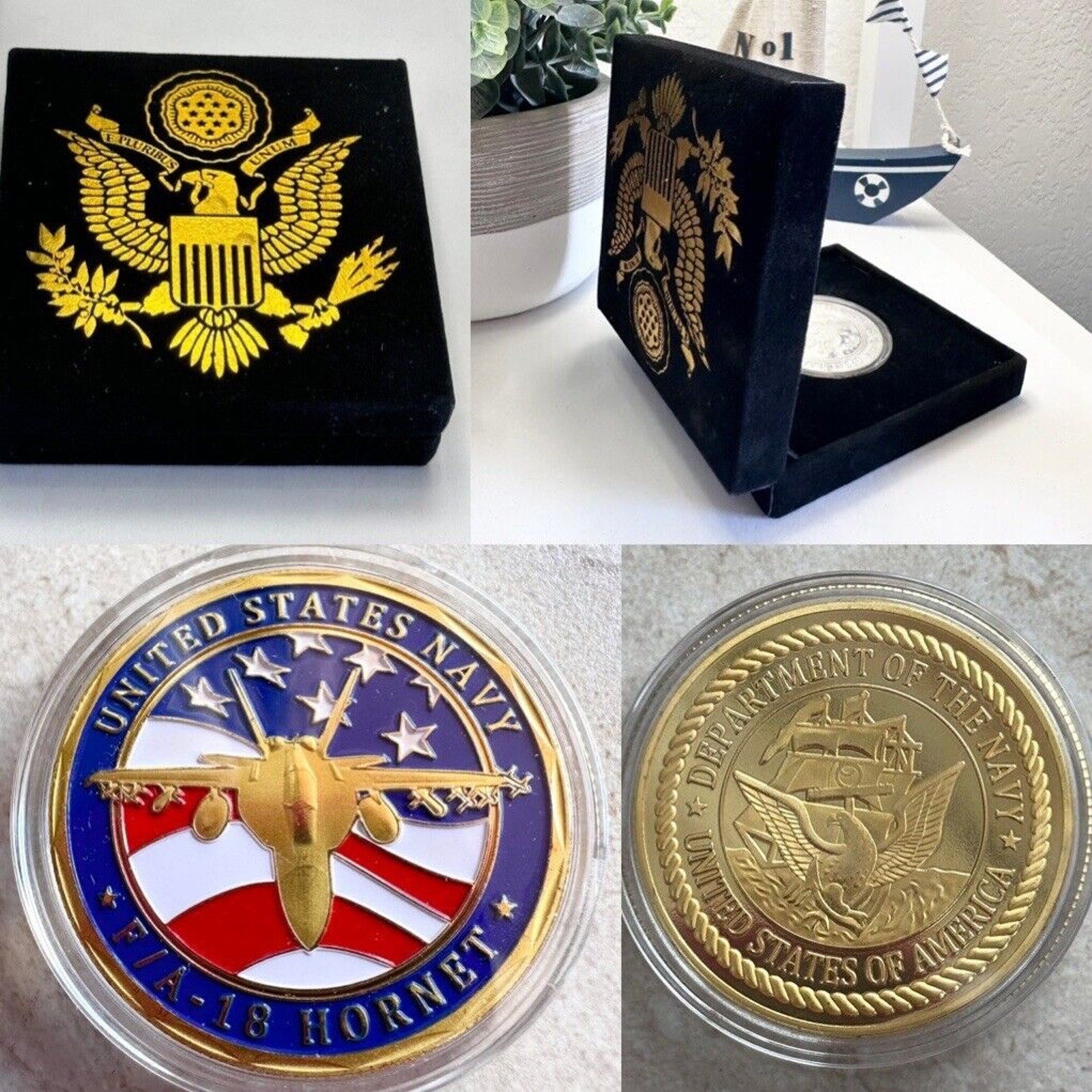 U S NAVY F/A 18 HORNET Challenge Coin with special velvet case