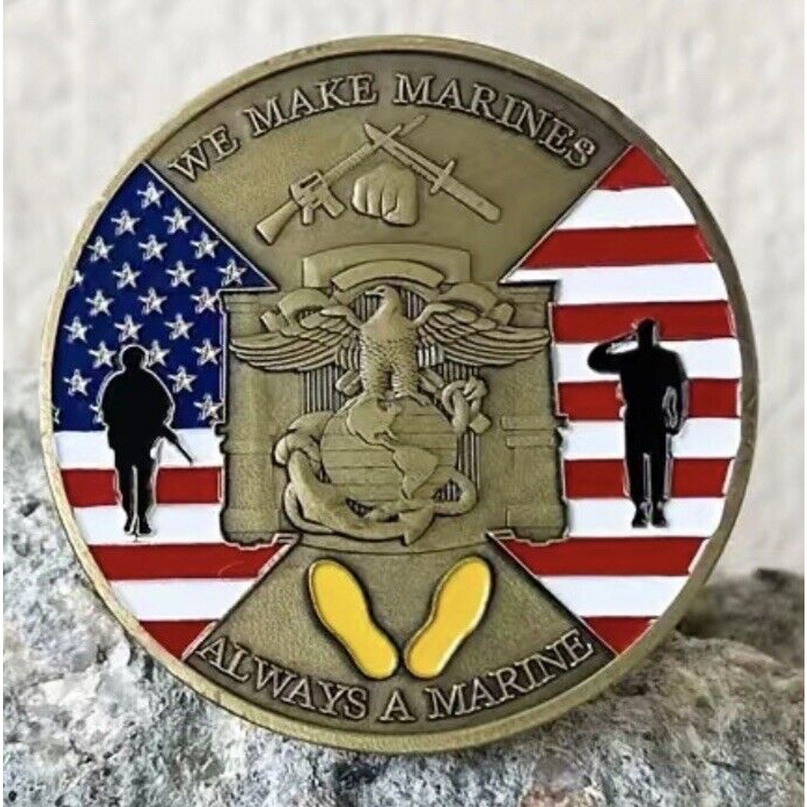 Always a Marine challenge coin Semper Fi yellow foot print Parris Island