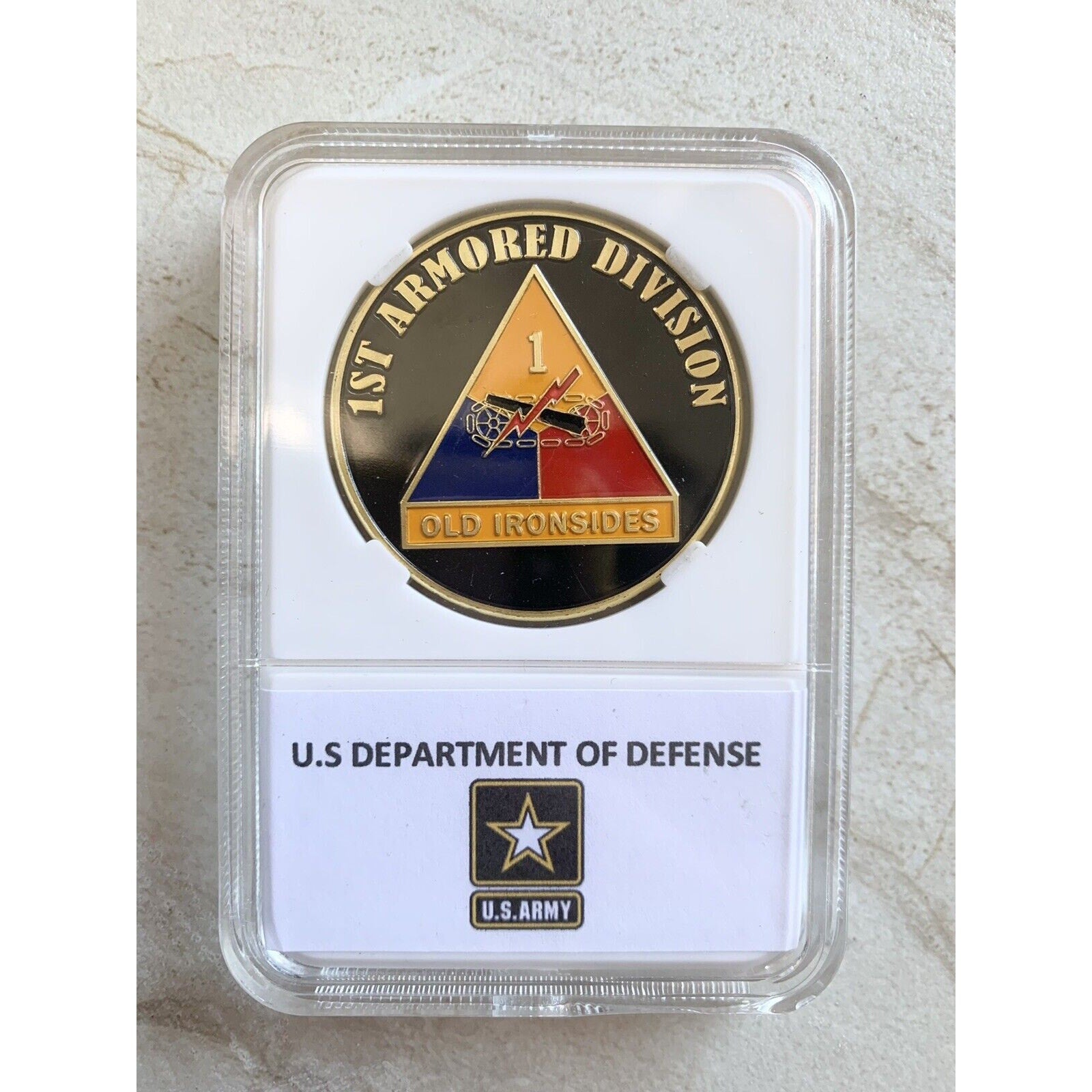 3D Floating Display US ARMY 1st ARMORED DIVISION "OLD IRONSIDES" Challenge Coin