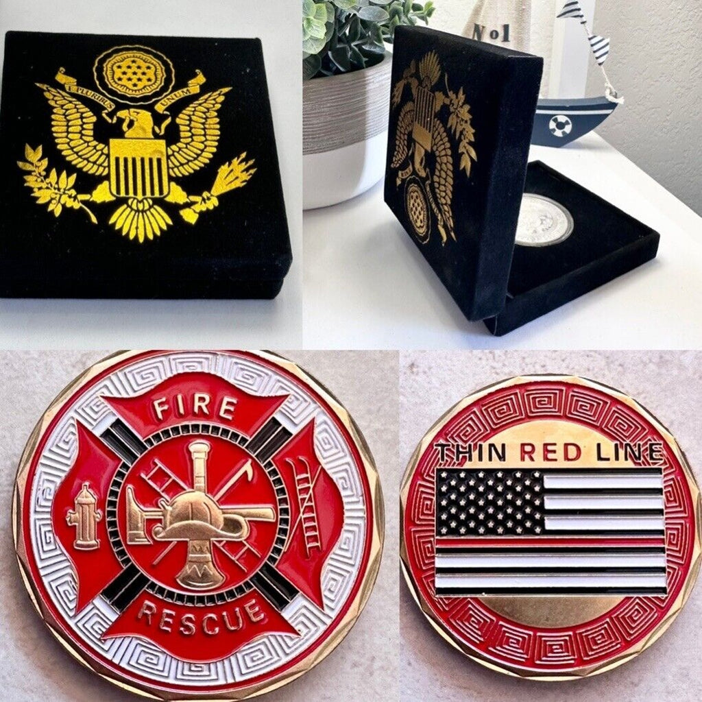 US Fire Rescue Thin Red Line Flag Challenge Collectible Coin Fireman Gift w/Case