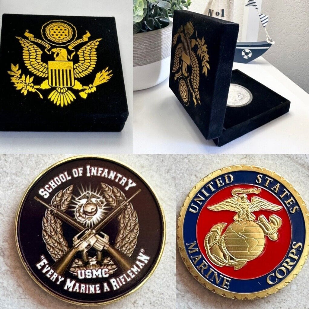 MARINE CORPS SCHOOL OF INFANTRY USMC CHALLENGE COIN with velvet case.