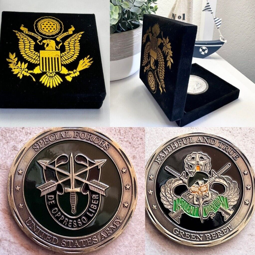 US Army Green Beret De Oppresso Liber Special Forces Challenge Coin with case