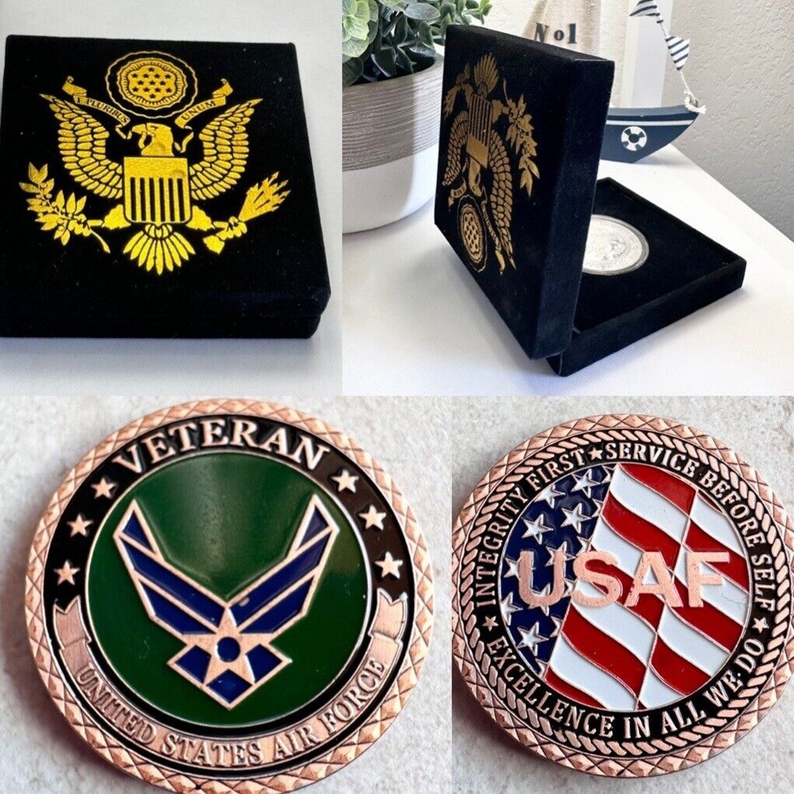 Military US Air Force Veteran USAF Challenge Coin with velvet case