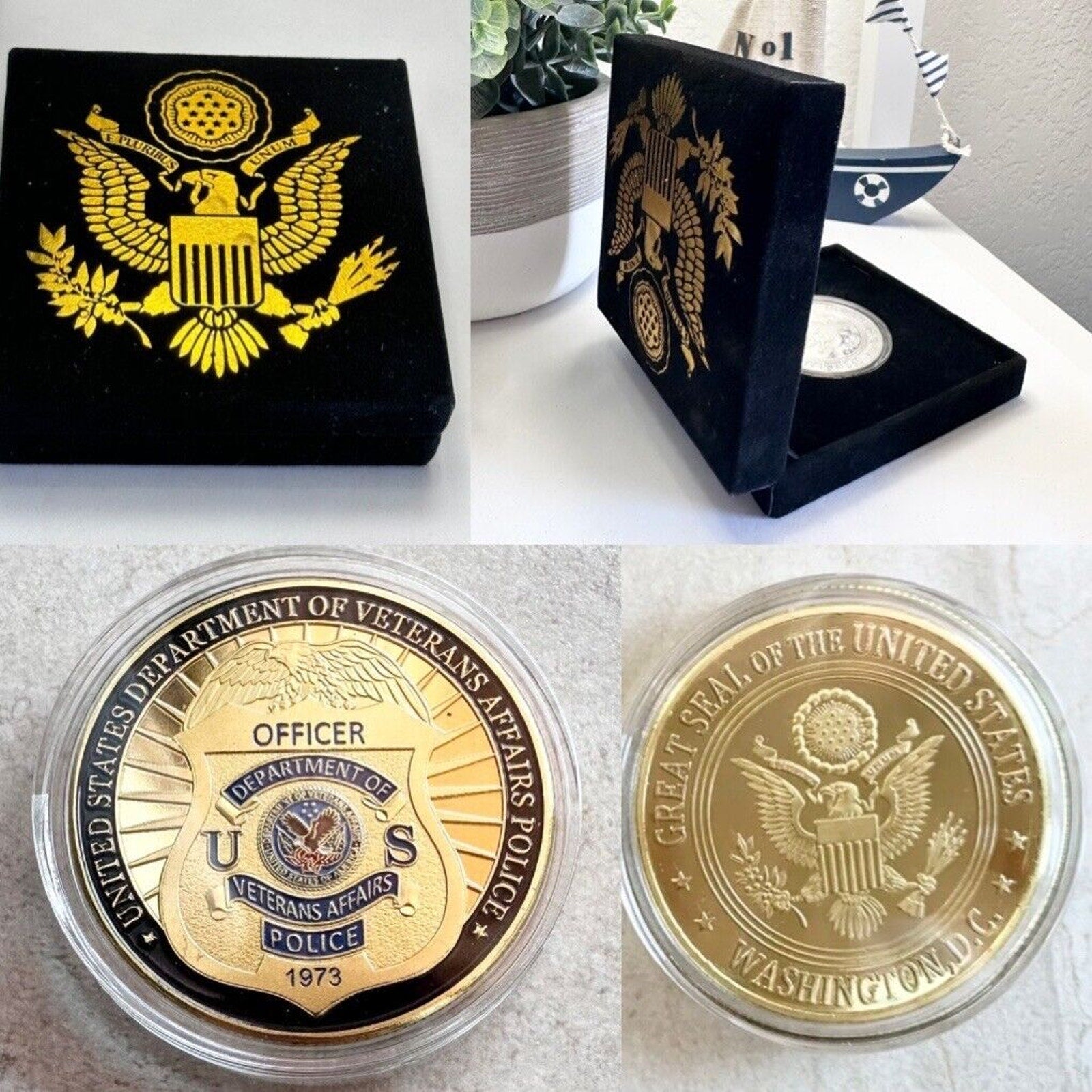 U S Department of Veterans Affairs Police Officer Challenge Coin w/ velvet case