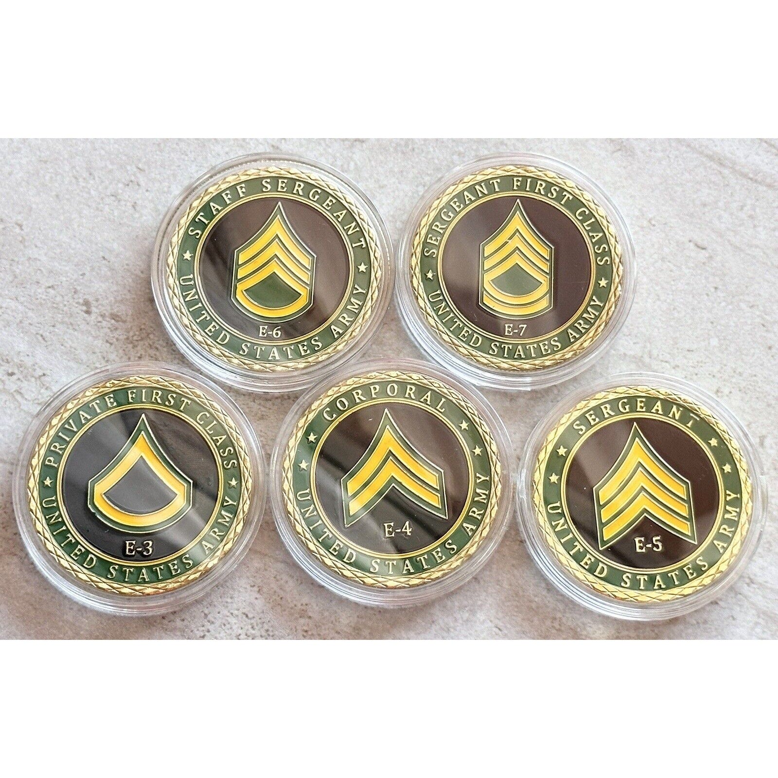 5 Pcs US ARMY Rank E-3, CORPORAL E-4, Sergeant E-5, E-6, E-7 Challenge Coin