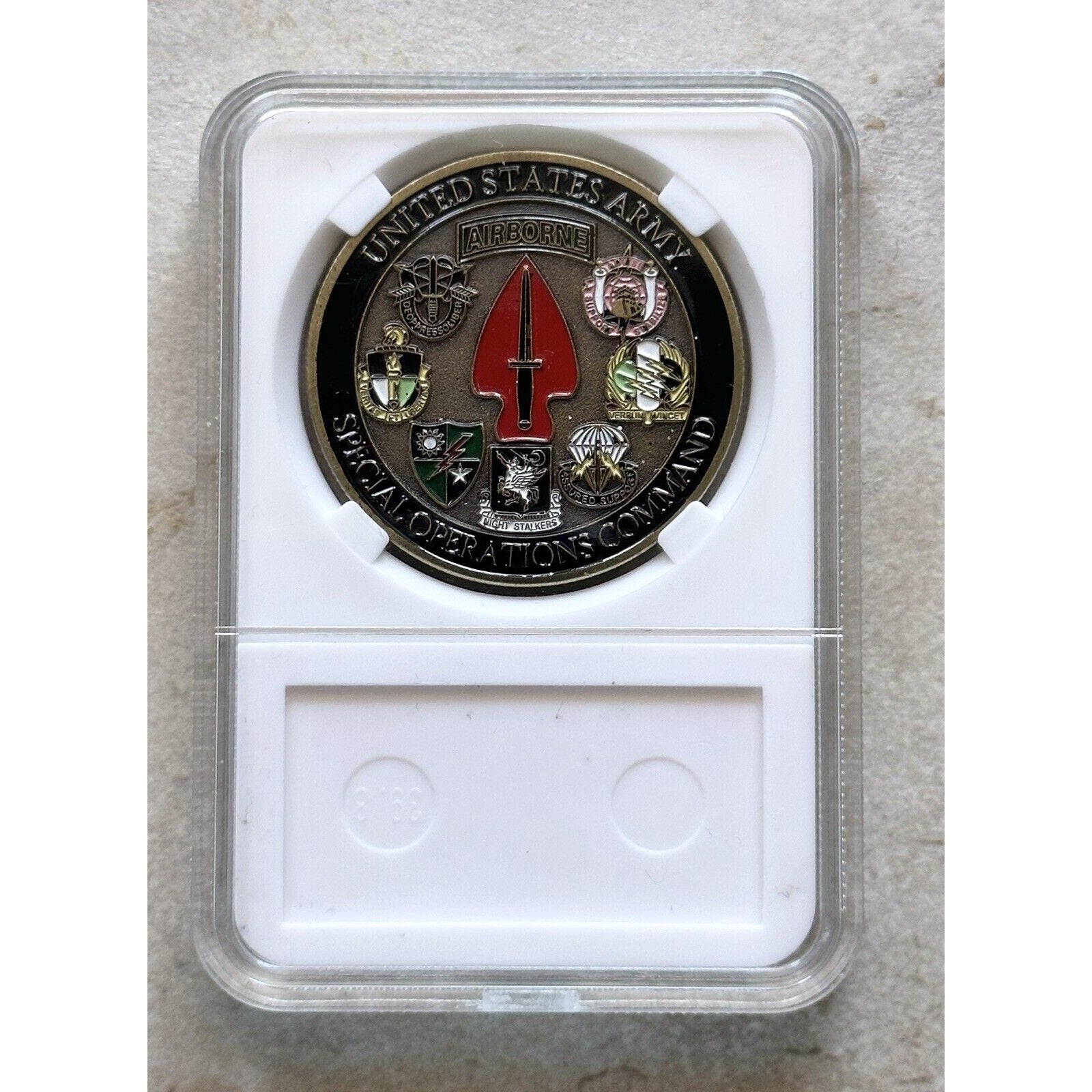 Bronze Plated U.S. Army Special Operations Command Challenge Coin With Case.