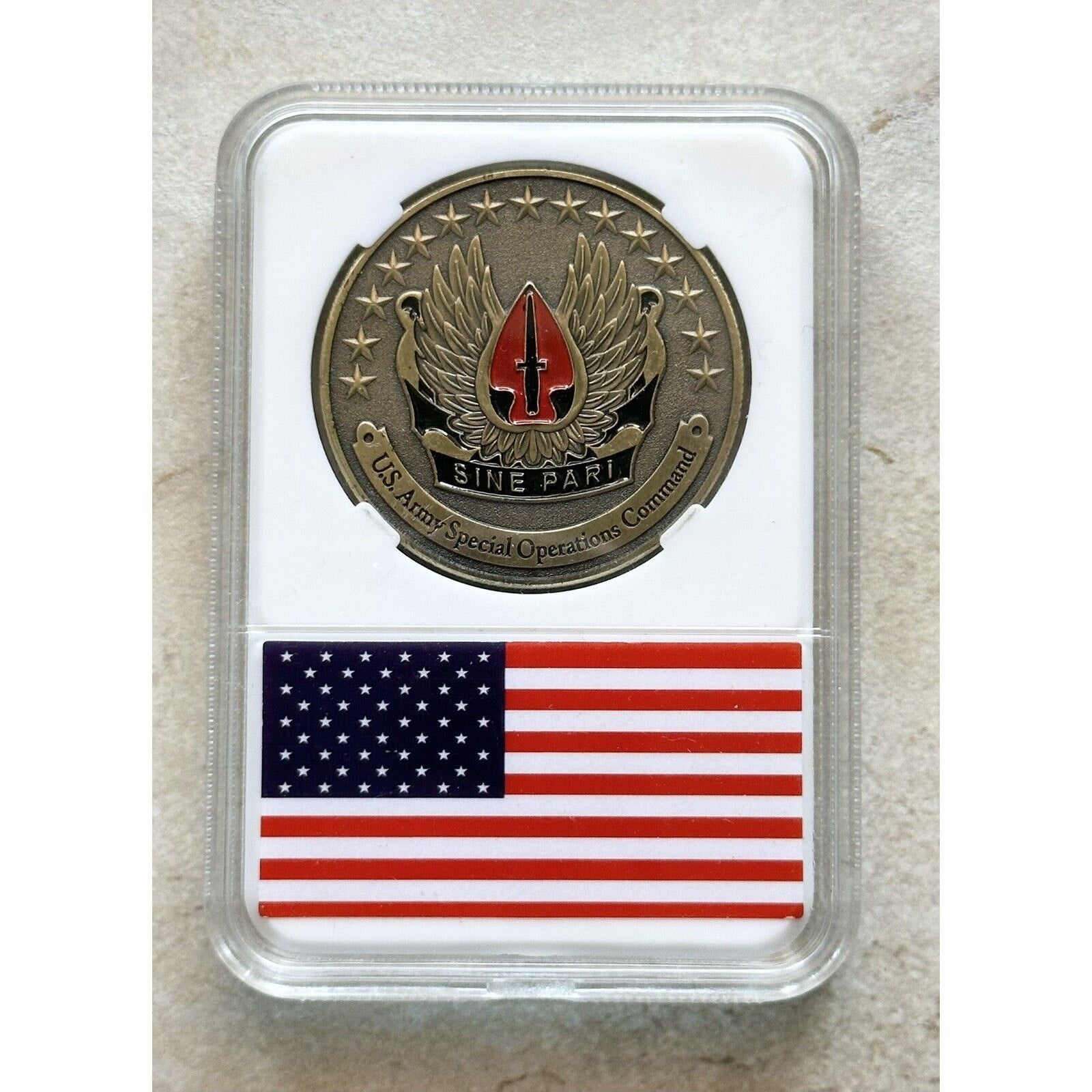 Bronze Plated U.S. Army Special Operations Command Challenge Coin With Case.