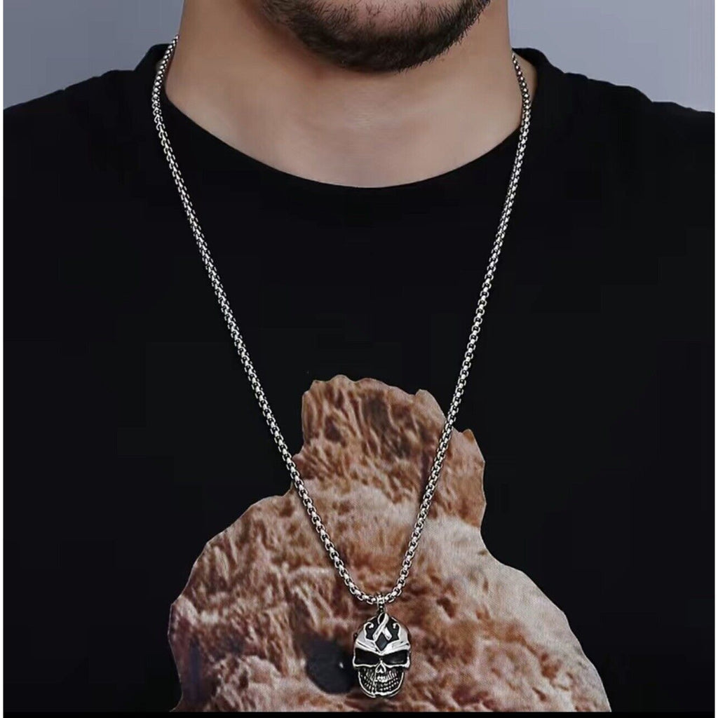 Gothic Mens Biker Skull Pendant Necklace Pop Men Stainless Steel Chain Silver US