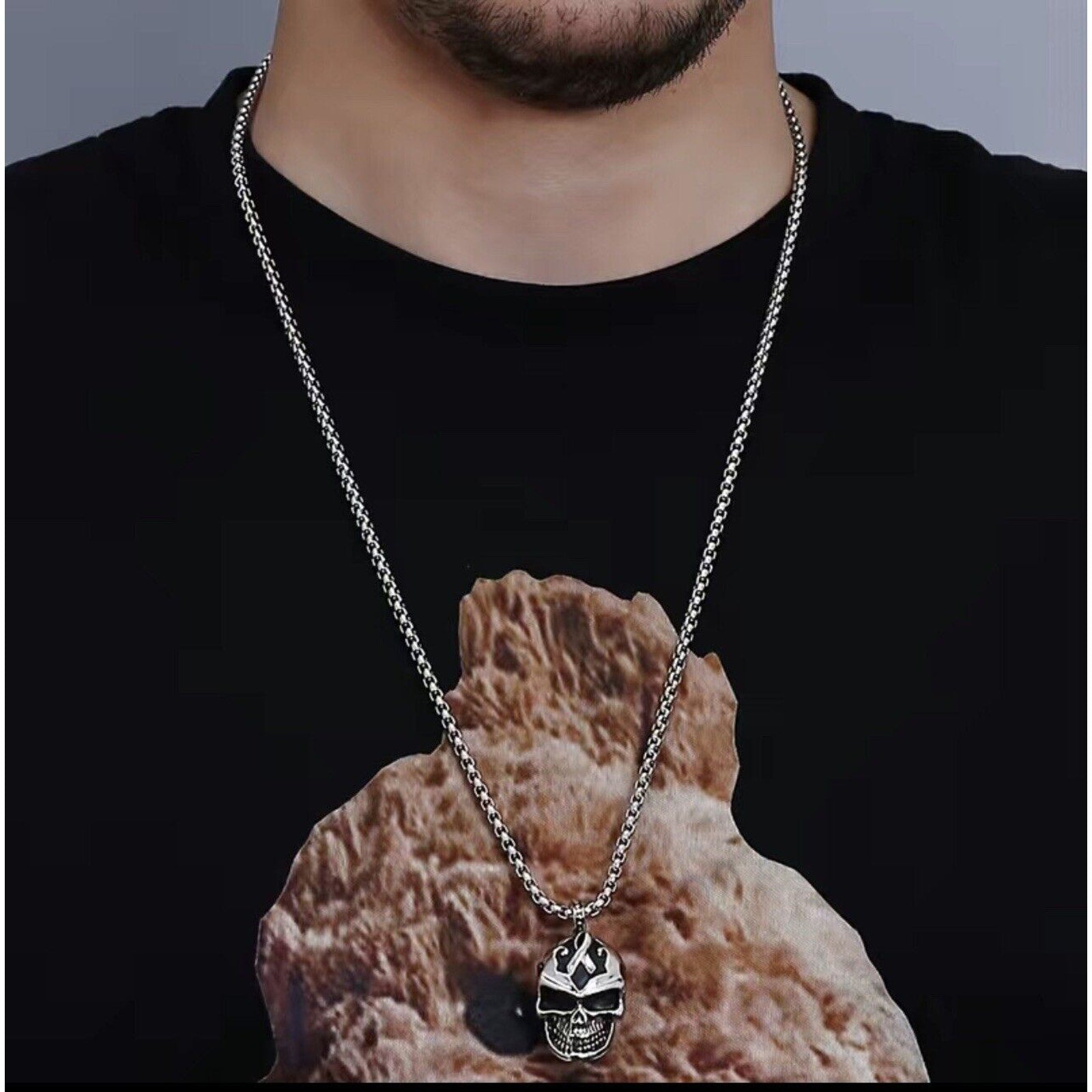 Gothic Mens Biker Skull Pendant Necklace Pop Men Stainless Steel Chain Silver US