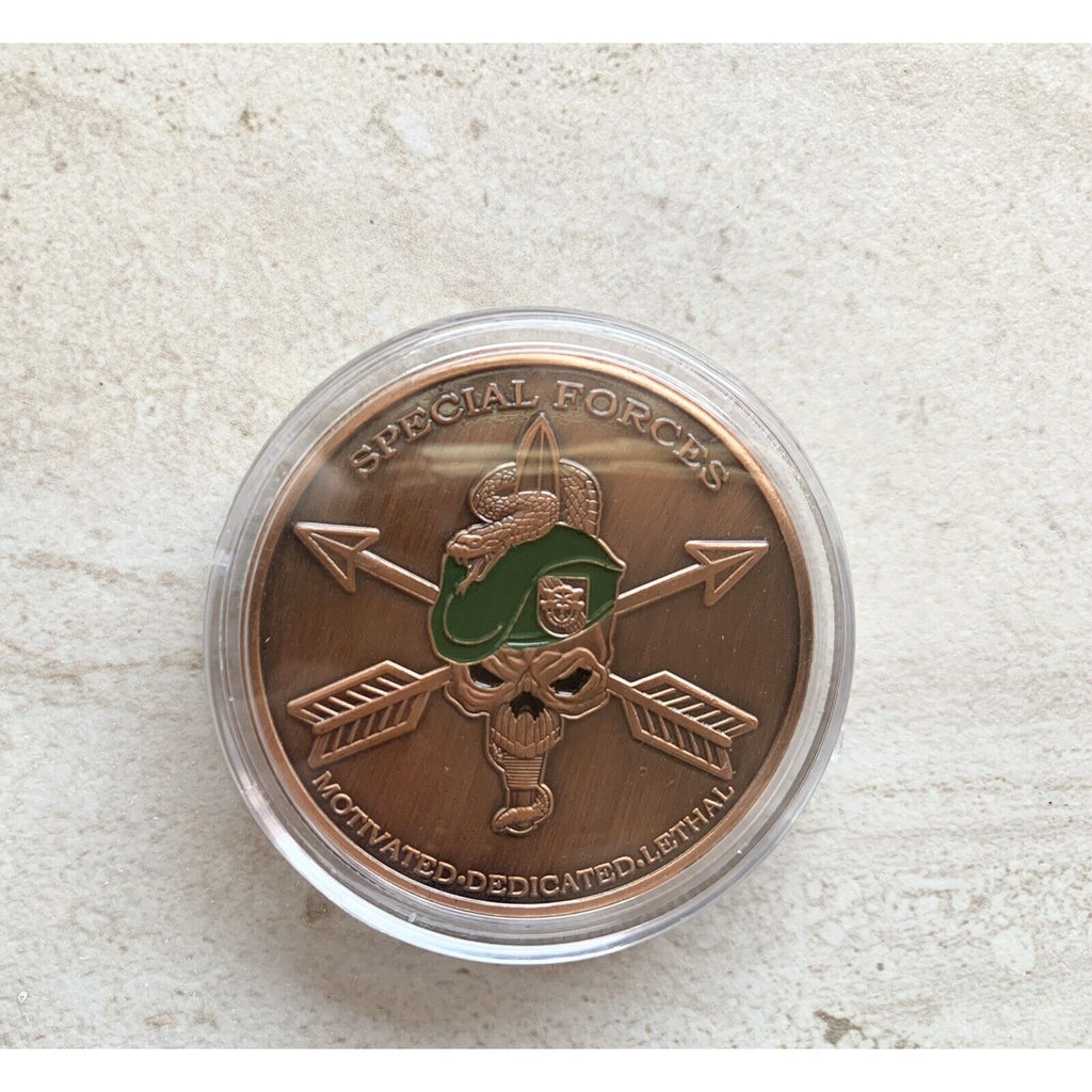 US Army Special Forces Motivated Dedicated Lethal Skull Copper Plated Coin