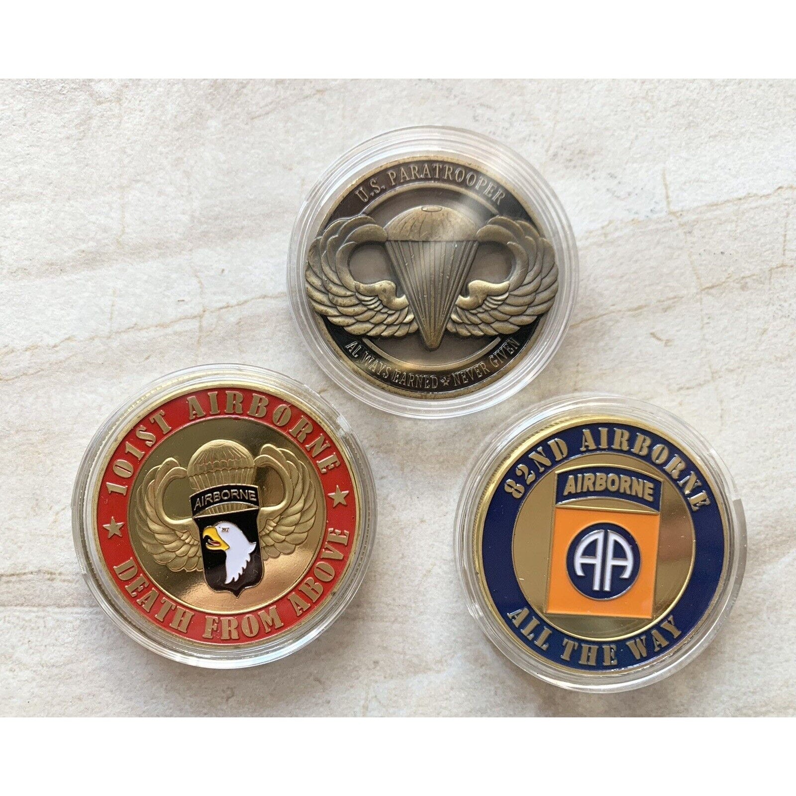 Lot Of 3 Challenge Coins, US Paratrooper, 82nd Airborne, 101st Airborne